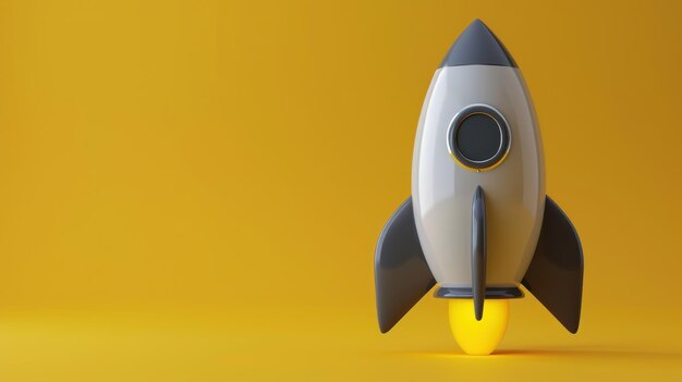 Foto rocket en 3d renderiza el dibujo animado en gris y amarillo para la composición del diseño