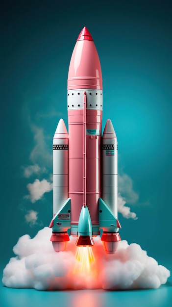 Rocket de brinquedo rosa em um fundo turquesa simples o ônibus decola liberando nuvens de volumétrico