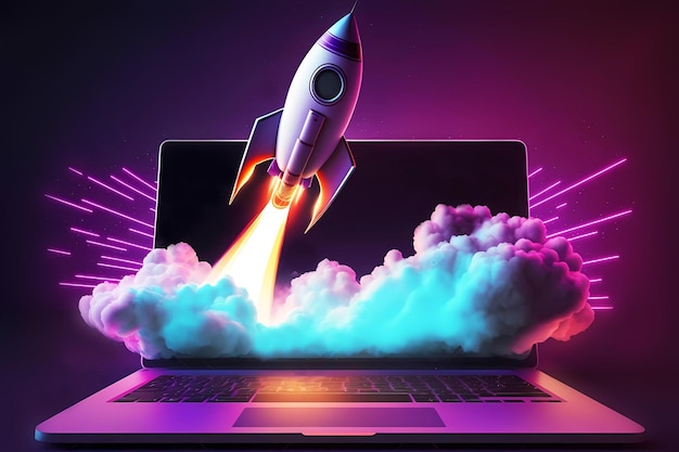 Rocket decolando laptop aberto projeto generativo ai