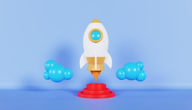 Rocket subiendo subiendo concepto de marketing negocio en fondo de color azul
