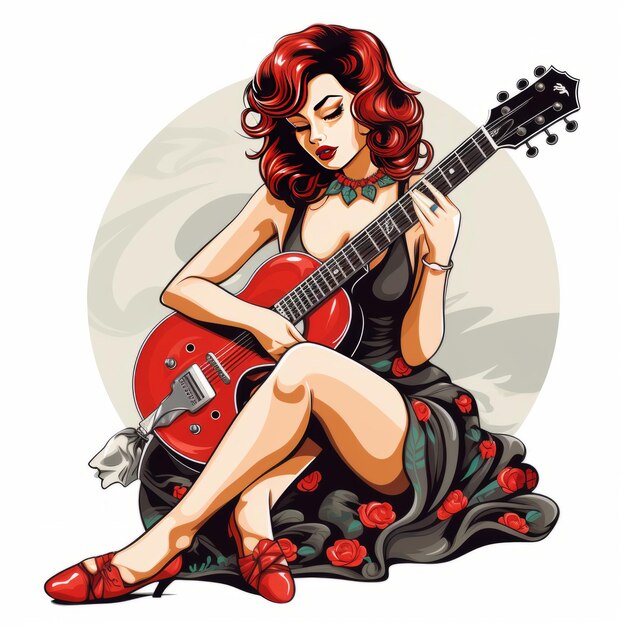 Foto rockin' in vector rockabilly girl tocando su guitarra en un fondo blanco de 300ppi