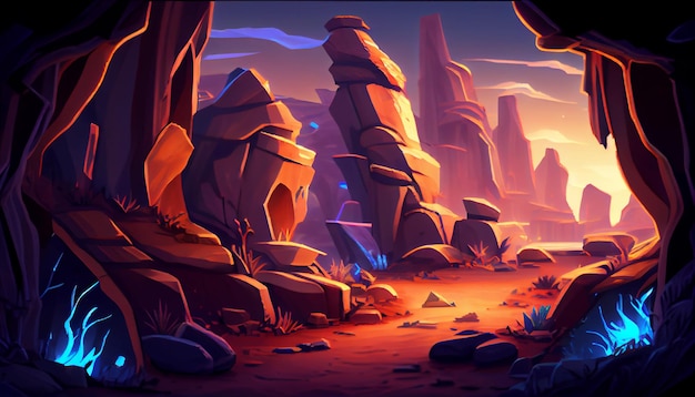 Rocks world city Entorno de fondo 2D para un juego móvil Un paisaje de fondo horizontal de alta calidad Ubicación de diseño de plantilla de juego Ai generativo