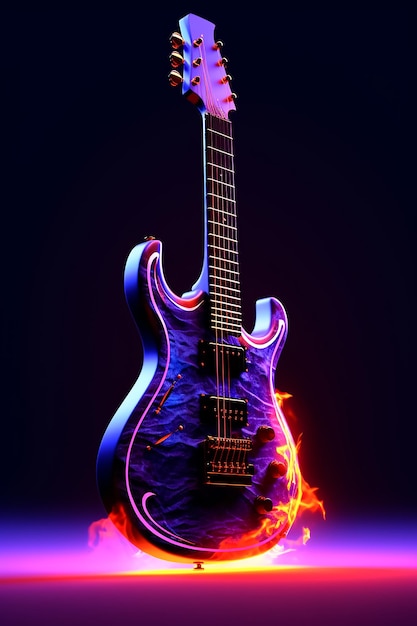 Rockstar guitarra neón llamas fondo oscuro