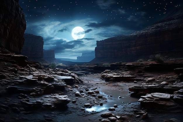 Foto rocky canyon illuminated by moonlight