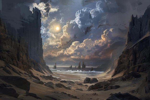 Rocky Canyon Strand mit großen Felsformationen und einem hellen bewölkten Himmel
