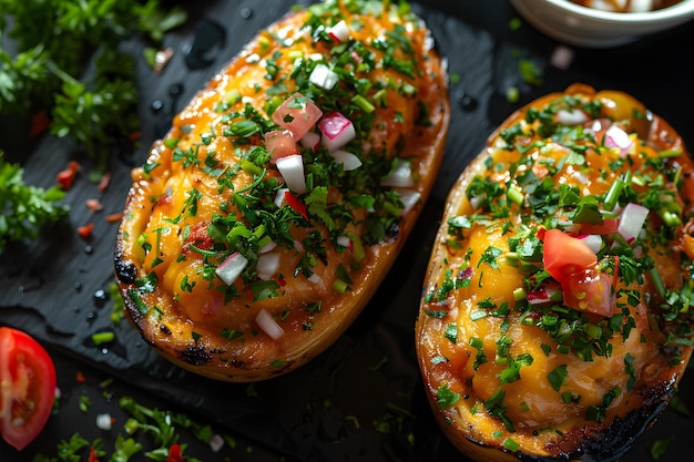 Rocoto Relleno en un fondo negro vista de arriba Concepto de cocina peruana Fotografía de comida de la cocina peruana Vista de arriba Rocoto Ralleno Fondo negro