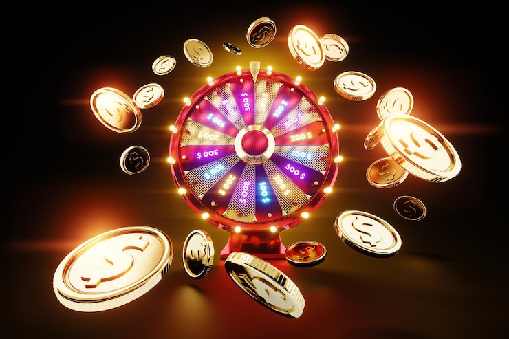 Foto roda da fortuna em fundo escuro e moedas de ouro conceito de cassino sorte sorte jogos de azar estabelecimentos de jogos de azar modelo de site ilustração 3d 3d render espaço de cópia