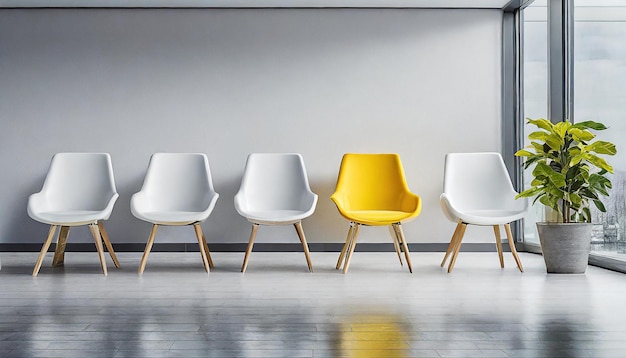 Roda de cadeiras com uma amarela fora oportunidade de emprego conceito de recrutamento de liderança empresarial
