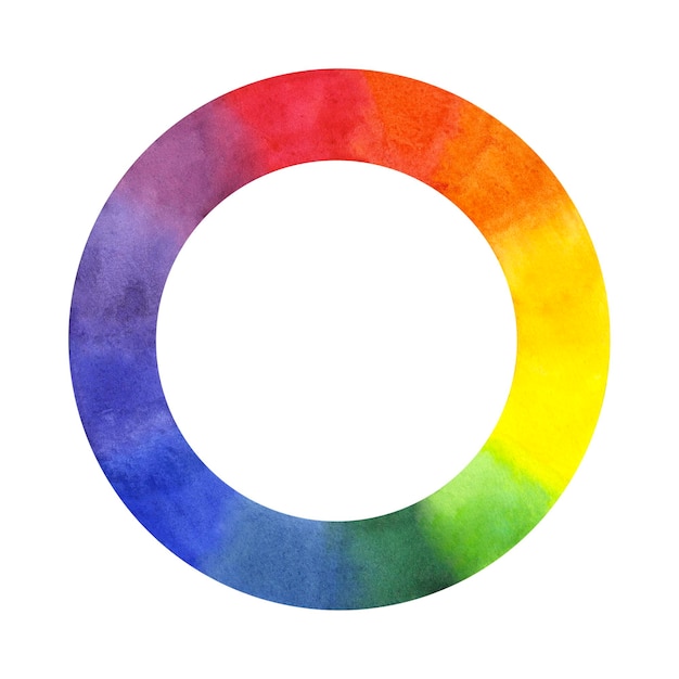 Roda de cores Ittens círculo multicolor espectro paleta CMYK gradiente de luz arco-íris doze partes de cor sistema RBG ilustração de aquarela desenhada à mão fundo isolado para escola de arte