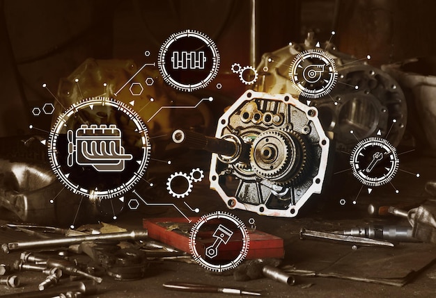 Roda de engrenagem do conceito de manutenção automotiva e ferramentas mecânicas na garagem com ícone de manutenção