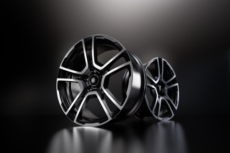 Foto roda de liga leve do carro, isolada no preto. ilustração de renderização 3d.