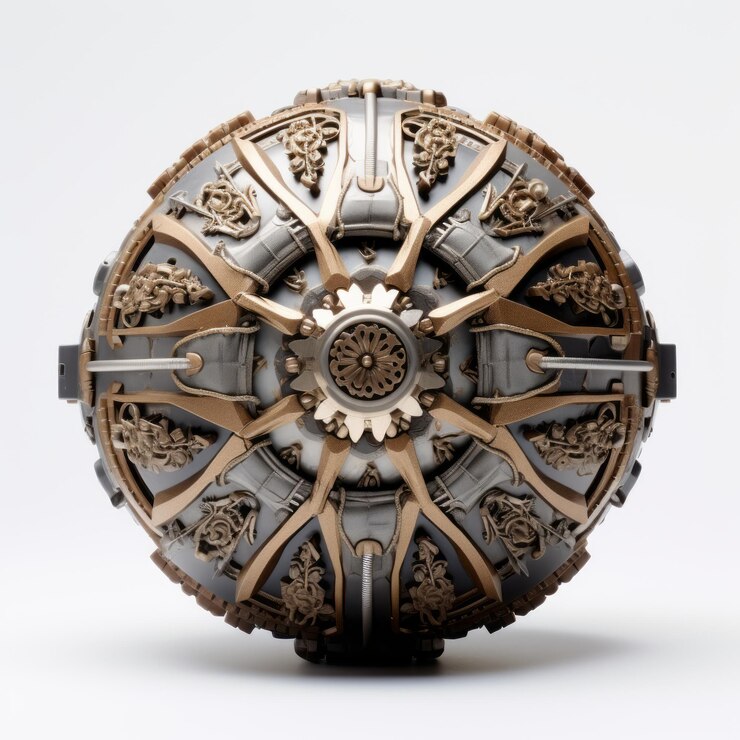 Foto roda de metal decorativa intrincada com design de mundo extraterrestre