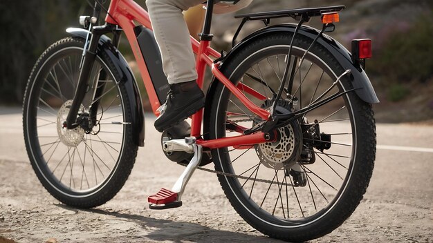 Foto roda de motocicleta elétrica de perto com pedal e amortecedor traseiro