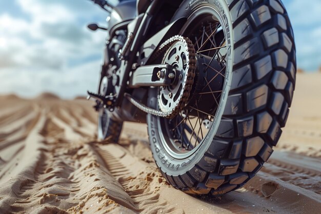 Foto roda de motocicleta em aventura em terreno arenoso