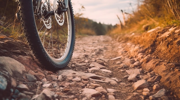 Foto roda de mountain bike em uma pista de cascalho generative ai