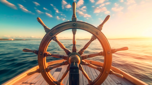 Roda de navio em barco com liberdade de mar e céu e conceito de direção de aventura Generative AI