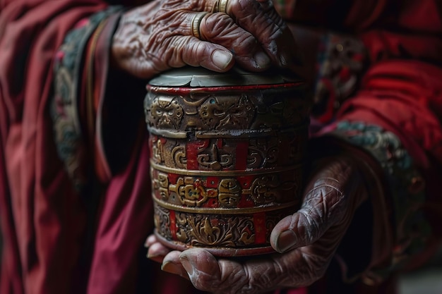 Roda de oração tibetana nas mãos de monges fecha a roda de oração tibetiana