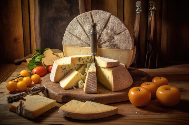 Roda de queijo cortada em fatias na mesa rústica criada com ai generativa