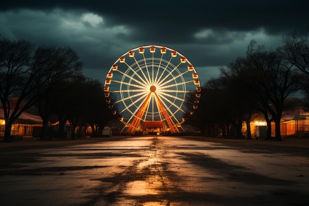 Roda gigante iluminada contra o céu noturno no recinto da feira IA gerativa