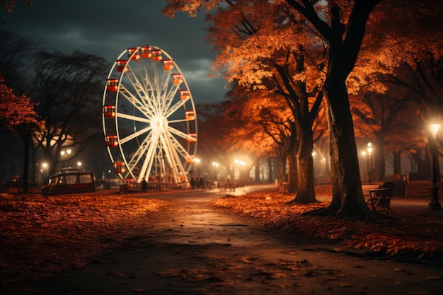 Roda gigante iluminada contra o céu noturno no recinto da feira IA gerativa