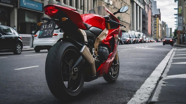 Foto roda traseira de motocicleta vermelha na rua da cidade