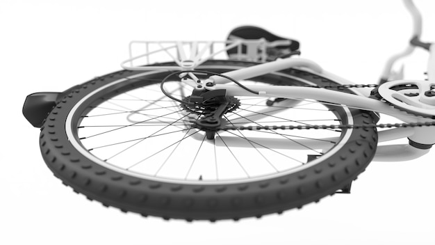 Roda traseira de um close-up de bicicleta branca, ilustração 3D