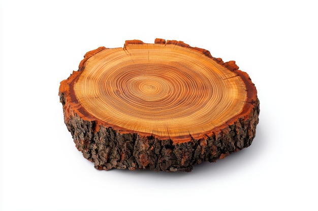 Una rodaja circular de tronco de madera que muestra anillos de crecimiento con un borde de corteza áspera que hace hincapié en la textura y la belleza de la madera natural
