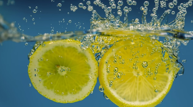 Rodaja de limón bajo el agua en agua de soda o limonada con burbujas Refrescante cóctel gaseoso tónico de soda Primer plano de limones y cubitos de hielo en vaso Cal en salpicaduras de agua con gas bebida fría