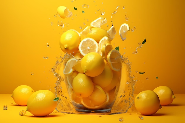 Rodaja de limón amarillo con salpicaduras y muchas gotas de jugo