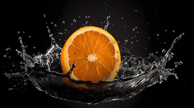 Una rodaja de naranja está en el agua y se salpica con agua.