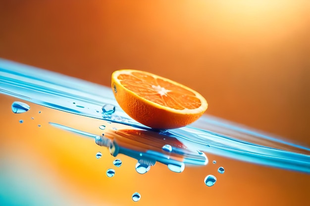 Una rodaja de naranja está sentada sobre una superficie de agua con un fondo azul.