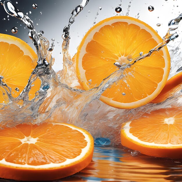 Rodaja de naranja fresca salpicada en agua