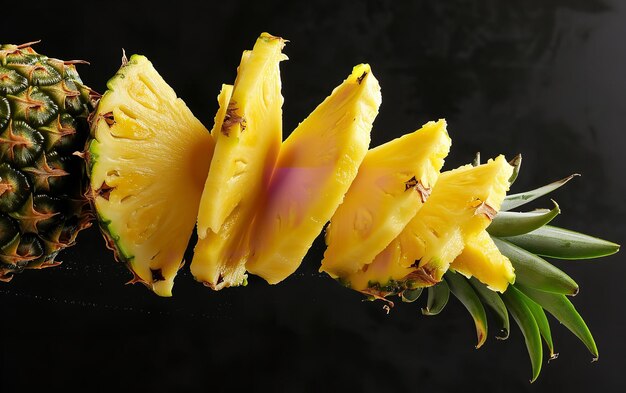 Una rodaja de piña fresca cortada y volando sobre un fondo negro con espacio vacío IA generativa