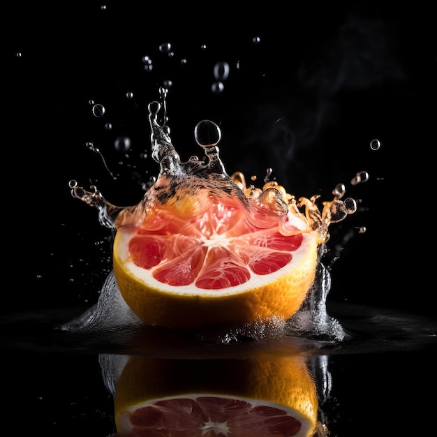 Rodaja de pomelo en el chorrito de agua sobre fondo negro aislado