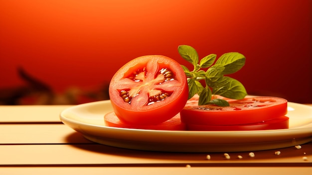 Una rodaja de tomate en un plato sobre fondo rojo claro