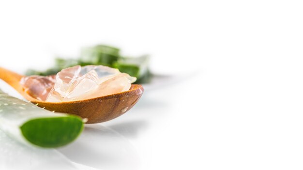 Rodajas de aloe vera con gel sobre fondo blanco.