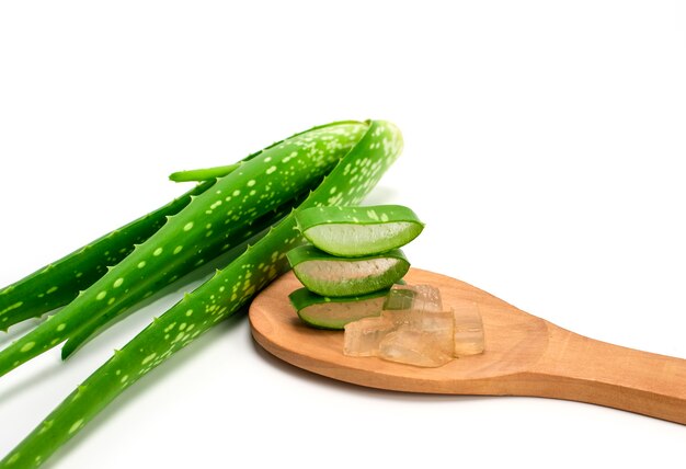 Rodajas de aloe verde fresco deja en cuchara de madera aislada sobre fondo blanco. Concepto de cuidado de la piel, spa de salud y belleza.