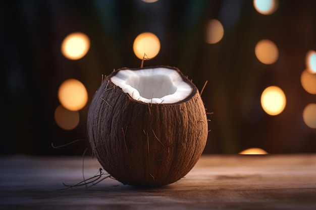 Rodajas de coco en la mesa de madera con fondo Bokeh borroso