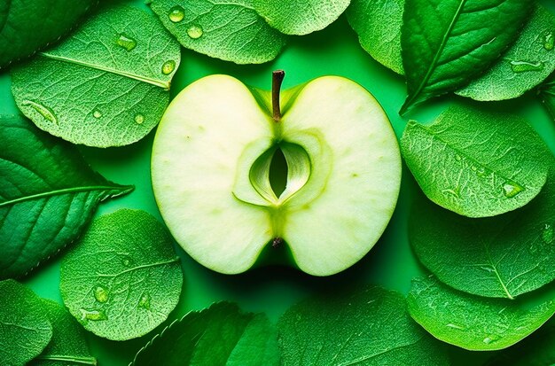 Foto rodajas y hojas de manzana verde