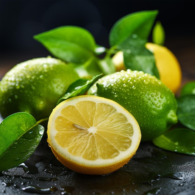 Rodajas de limón fresco con hojas verdes en primer plano de la mesa