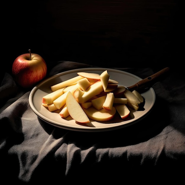 Rodajas de manzana en un plato de fondo oscuro