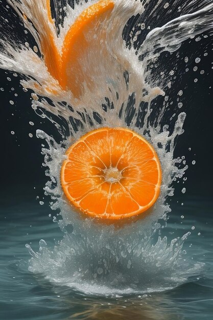 Rodajas de naranja cayendo en macroburbujas de agua