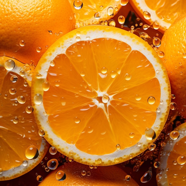 Rodajas de naranja con gotas de agua IA generativa