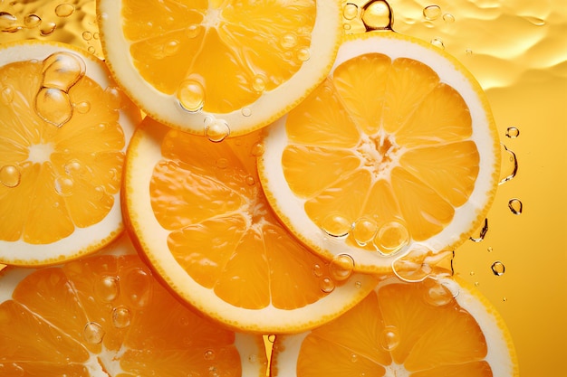 Rodajas de naranja con gotas de agua.