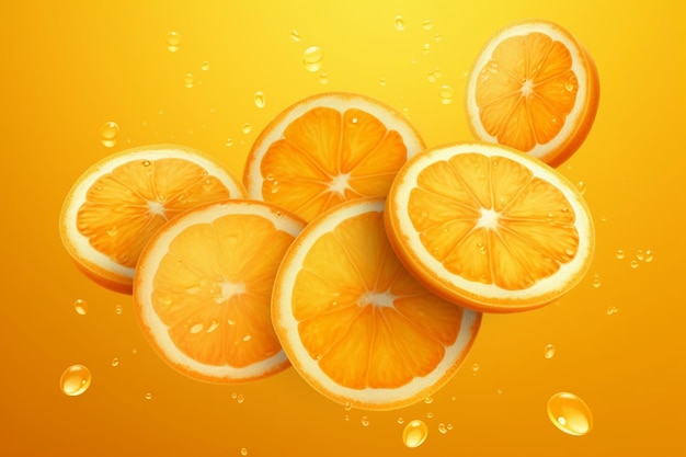 Rodajas de naranja con gotas de jugo se dispersan en diferentes direcciones Ilustración vectorial realista