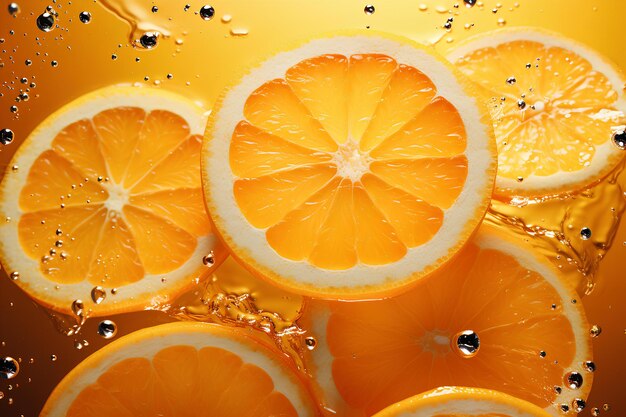 Rodajas de naranja muy hermosas disparadas a través de salpicaduras de agua