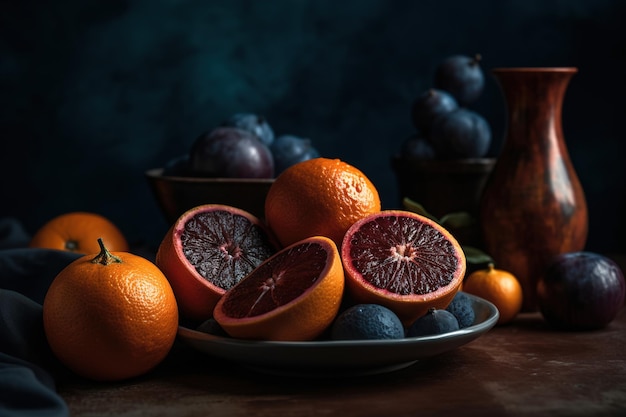 Rodajas de naranjas sanguinas con un tazón de ciruelas azules IA generativa de humor oscuro