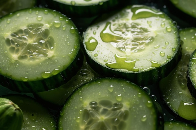 Rodajas de pepino fresco con gotas de agua