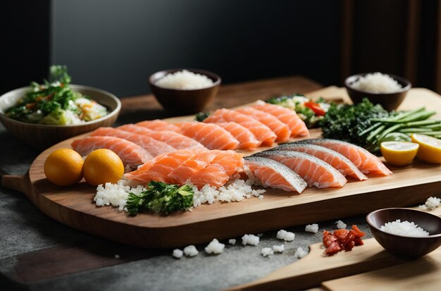 rodajas de pescado crudo con hielo sobre tabla de madera sal marina en un tazón pequeño verduras en la mesa