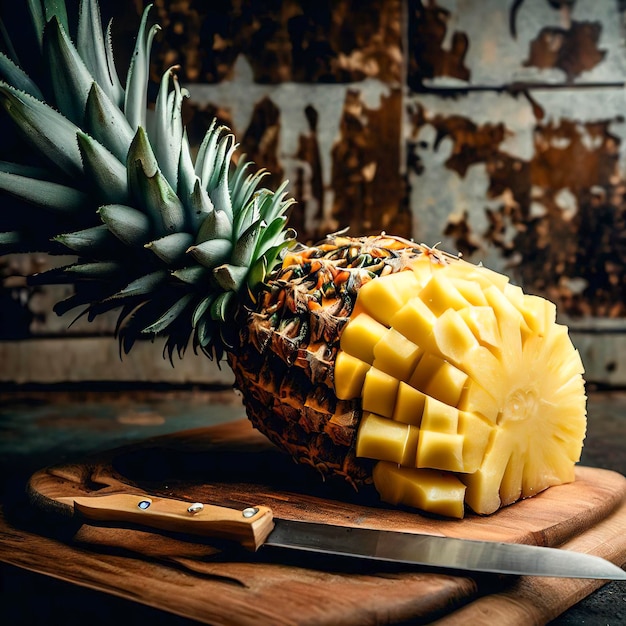 Rodajas de piña en una tabla de cortar con una vista lateral de un cuchillo de fruta sobre un fondo de baldosas de piedra y grunge de madera